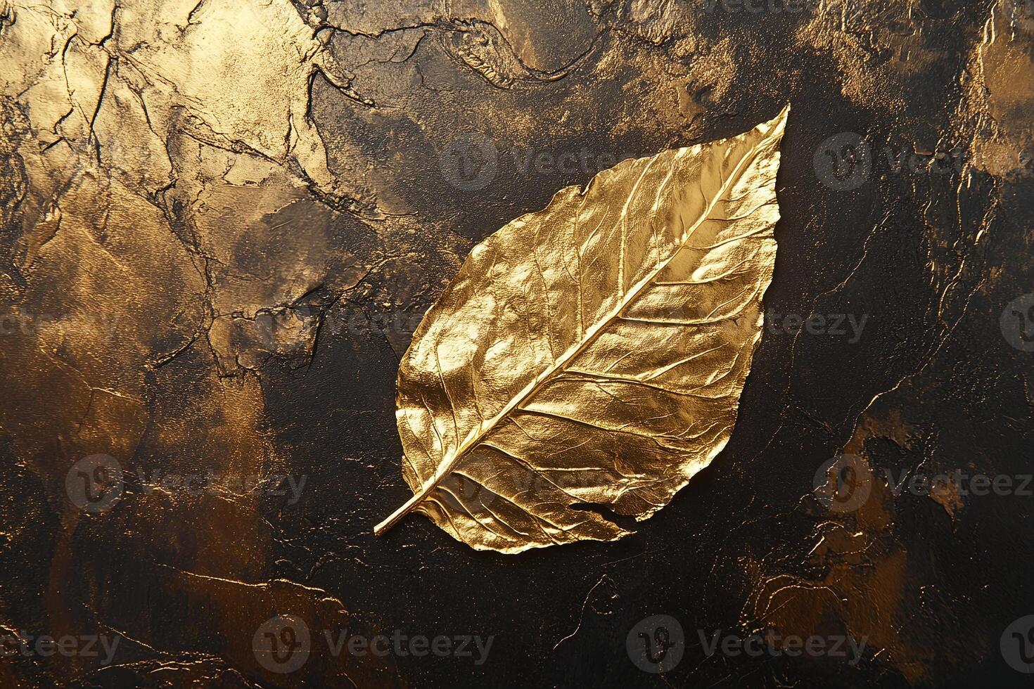 Golden Leaf on Metallic Black Textured Background for Luxury Design and Decoration Concepts photo