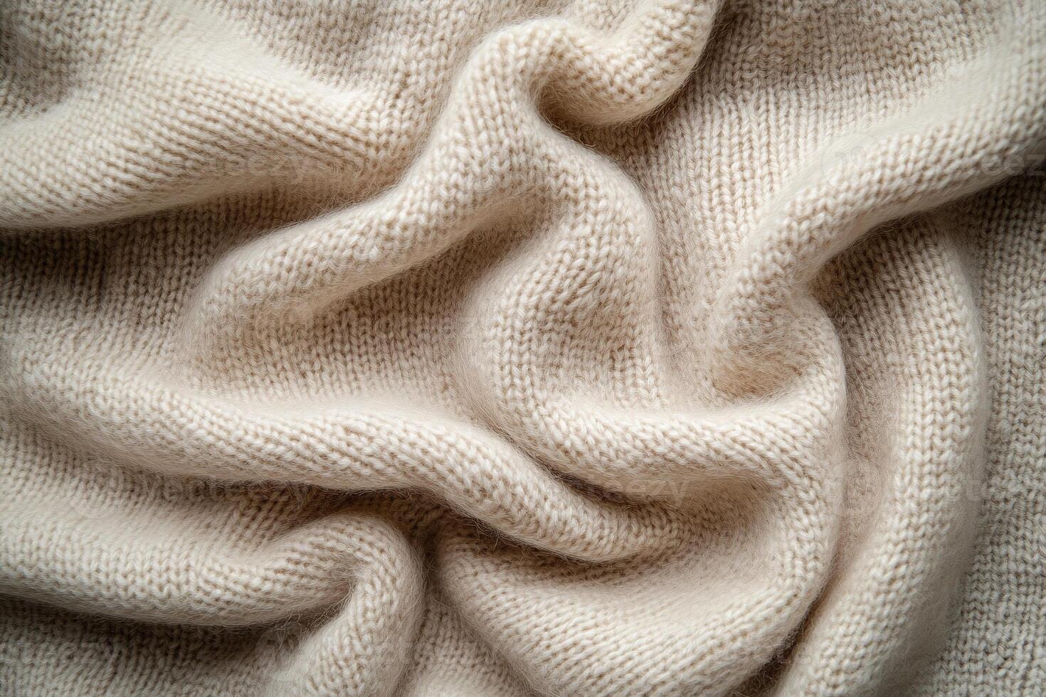 Soft Beige Woolen Fabric Closeup With Textured Knitted Pattern For Cozy Textile Design And Background photo