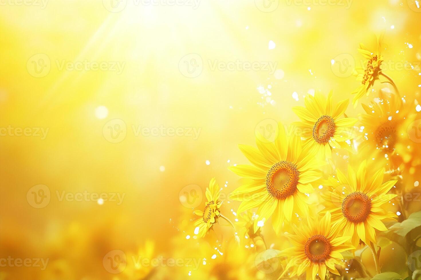 Bright Yellow Sunflowers in Full Bloom with Warm Light and Soft Golden Bokeh Background photo