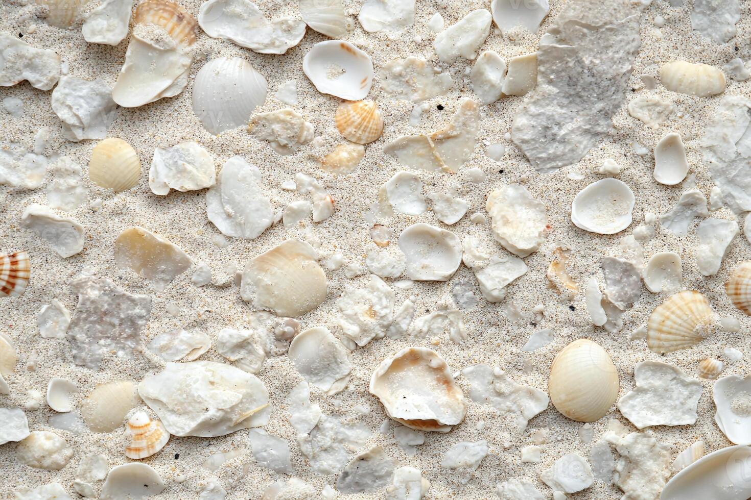 Closeup of White and Beige Seashells with Sandy Beach Background for Summer Texture and Design photo