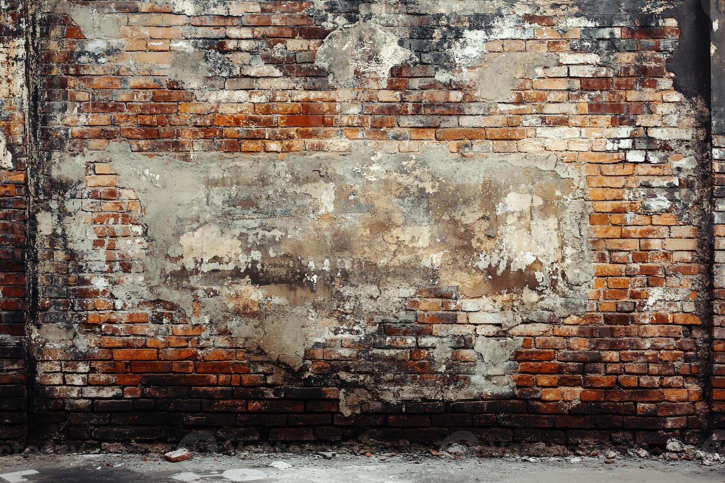 Old Weathered Brick Wall with Peeling Plaster and Rustic Texture for Urban Vintage Background photo