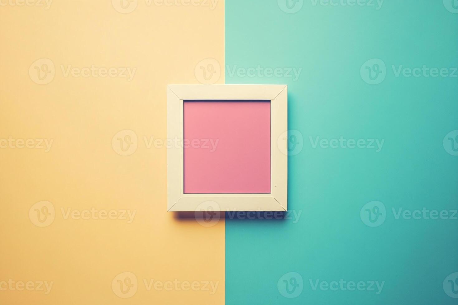 Minimalist Wooden Frame With Pink Center On Yellow And Green Split Background For Creative Design Ideas photo