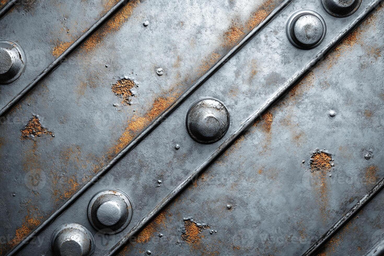 Closeup of Weathered Metal Surface with Rusted Bolts and Riveted Steel Panels in Industrial Design photo