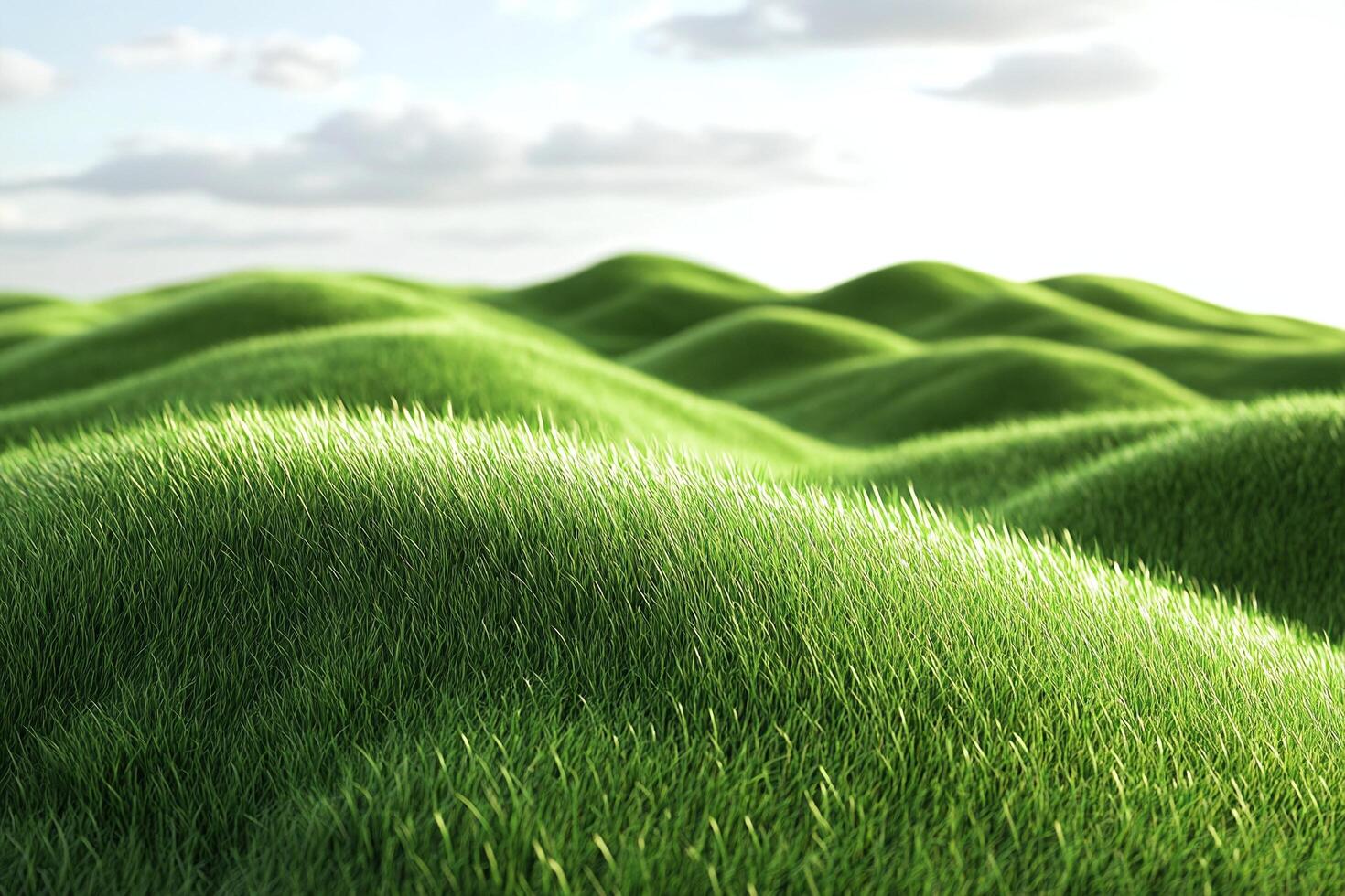 Lush Green Grass Landscape With Rolling Hills And Soft Clouds Under Bright Natural Daylight Sky photo