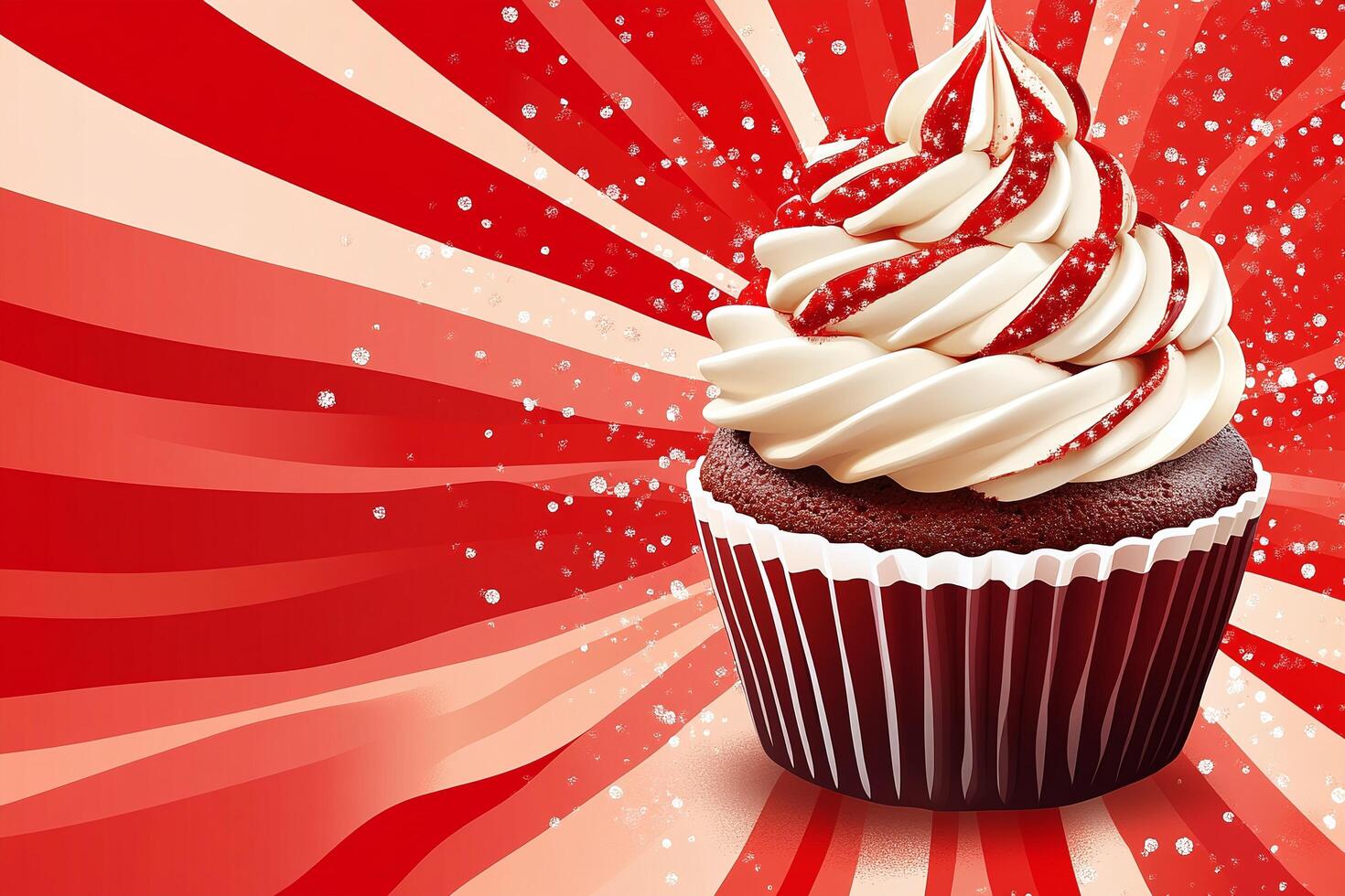 Red Velvet Cupcake with Swirled Cream Frosting and Sugary Sprinkles on Radiating Red Background photo