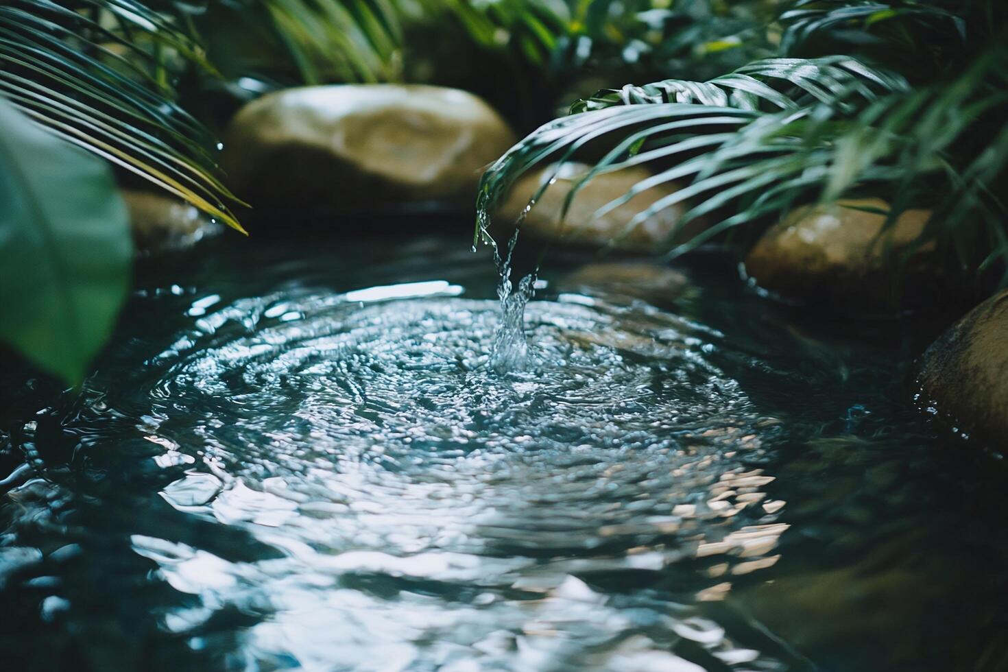 Natural Water Ripples in Tropical Pond with Green Foliage and Smooth Stones in Tranquil Forest Setting photo