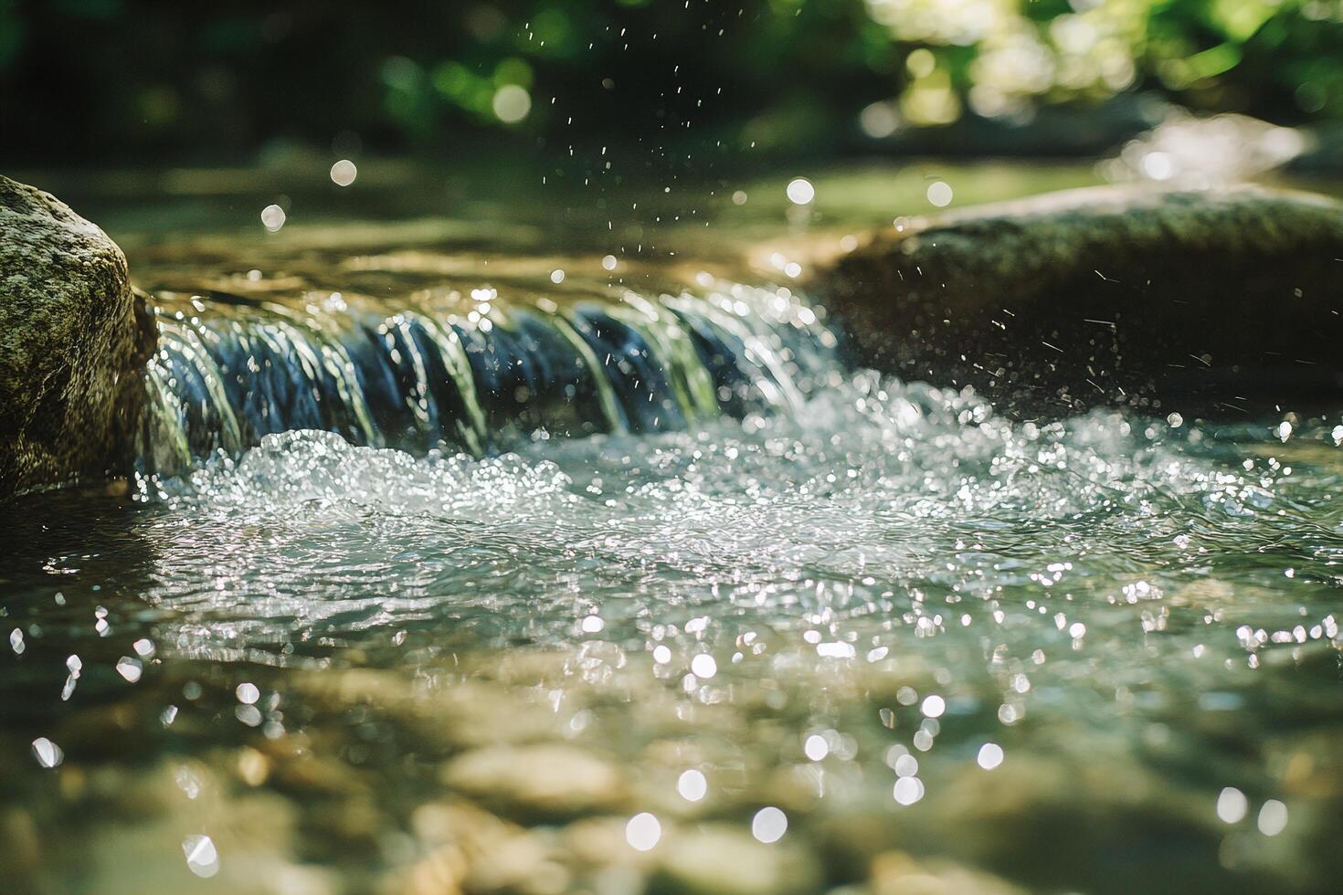 Crystal Clear Stream Waterfall With Sparkling Light And Stones In Forest Nature Setting photo
