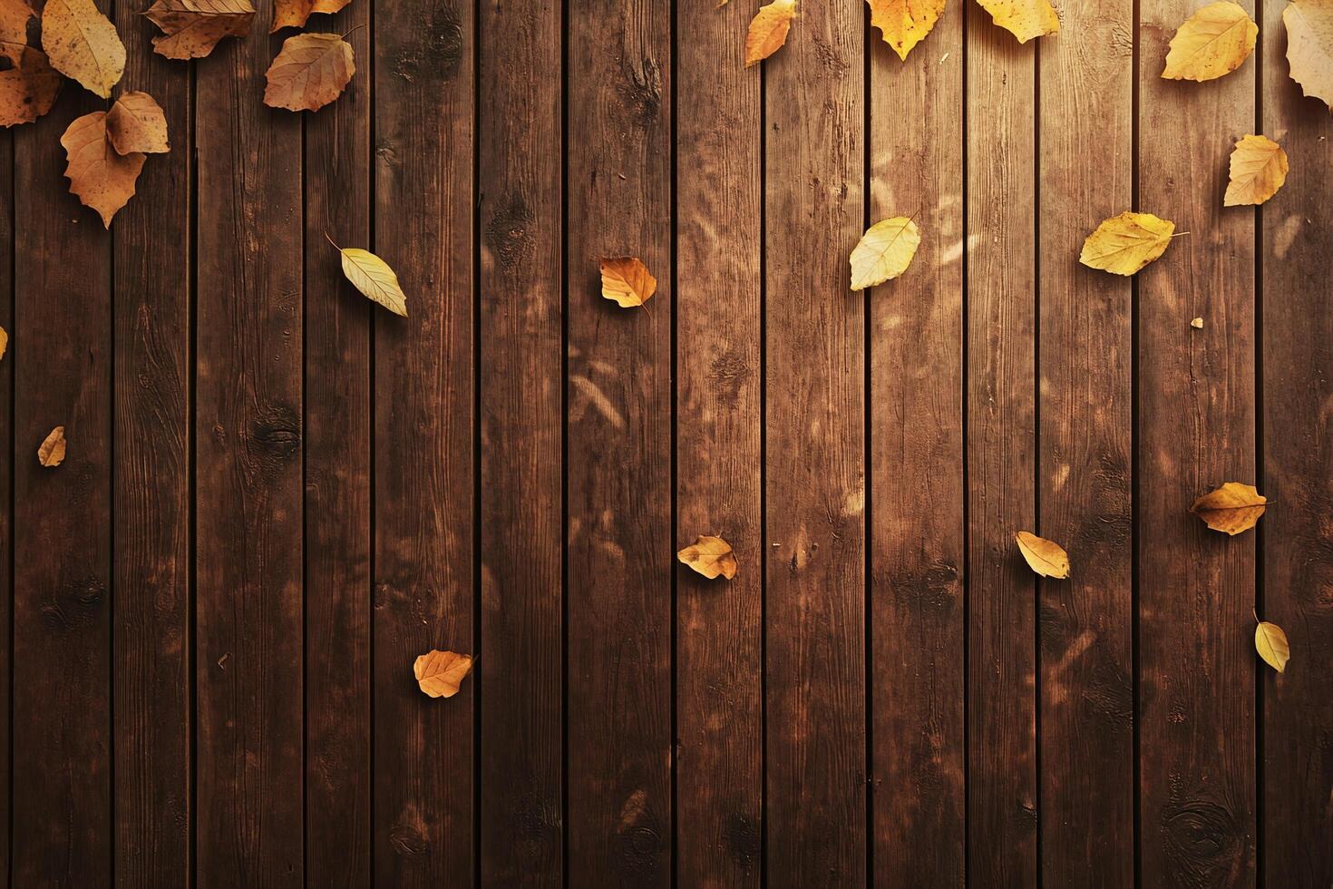 Rustic Wooden Floor With Scattered Autumn Leaves Perfect For Seasonal Backgrounds And Nature Concepts photo