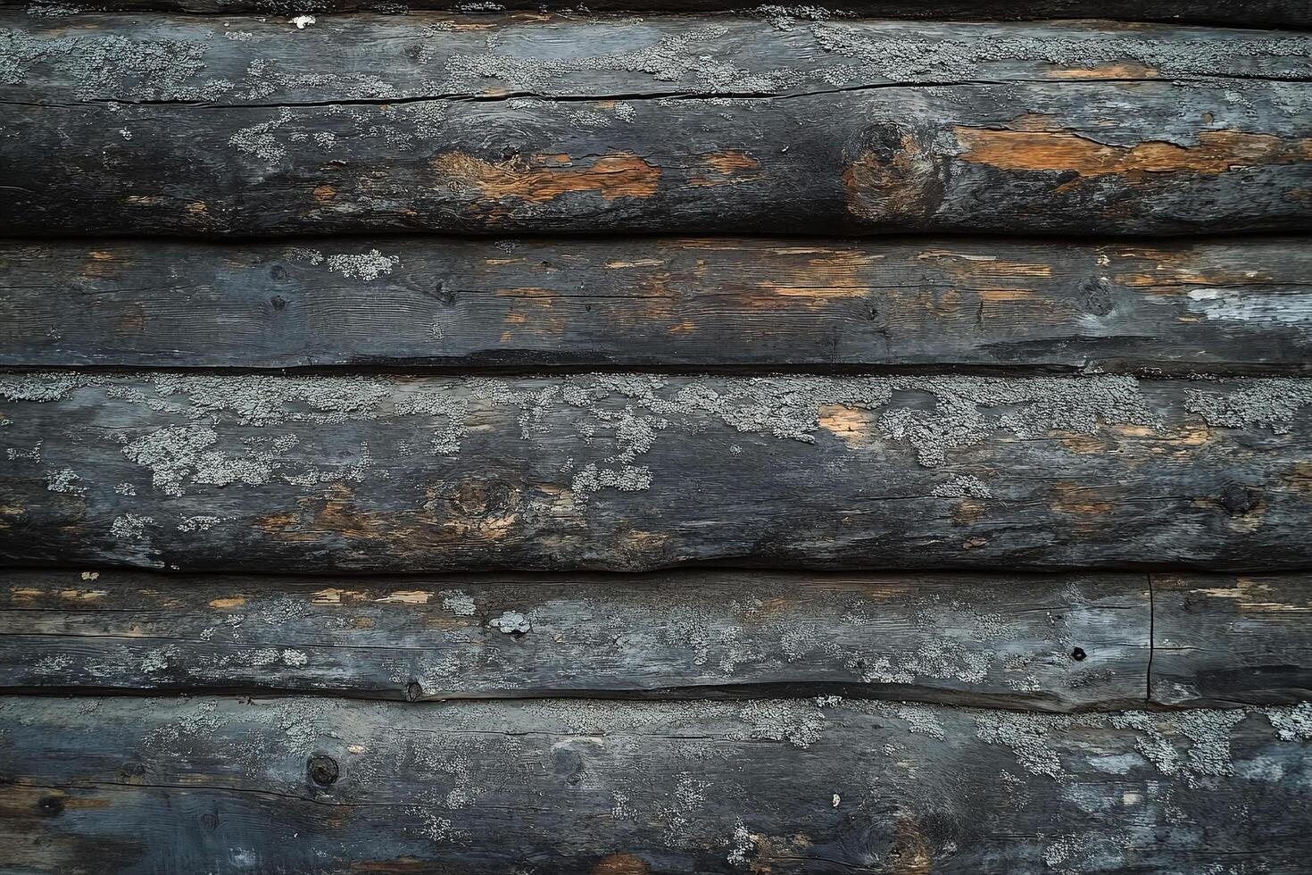Closeup of rustic weathered wooden logs with natural cracks and lichen texture outdoors background photo