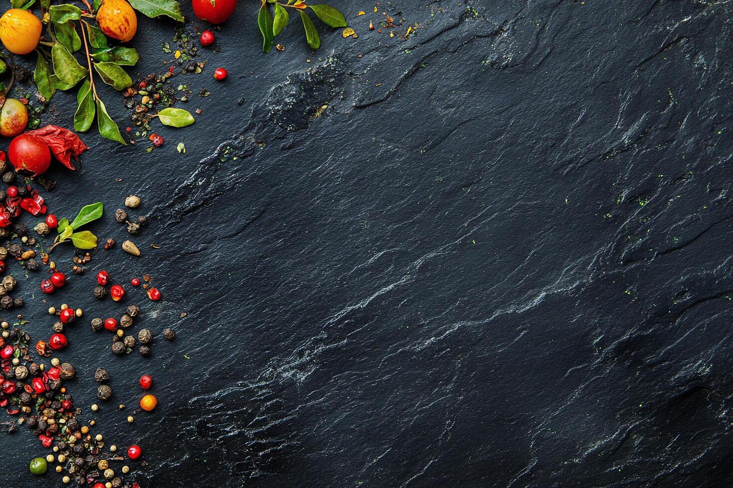 Fresh Colorful Vegetables Herbs and Spices on Black Stone Background photo