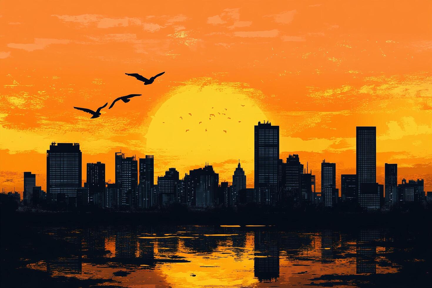 Silhouette of Modern City Skyline at Sunset with Orange Sky and Flying Birds Reflecting on Water photo