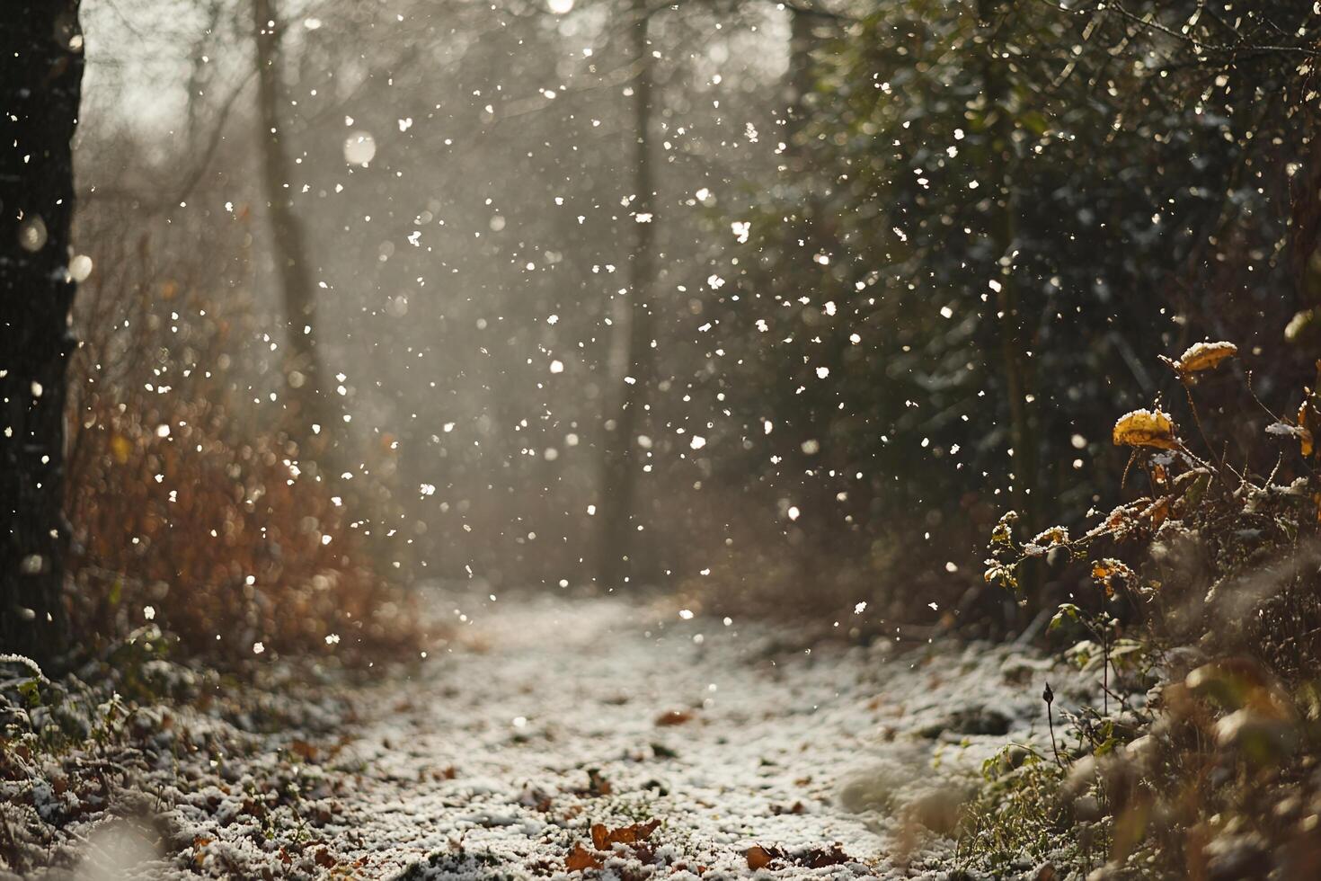 Snowfall in Sunlit Forest Path with Autumn Leaves and Frosty Ground in Nature Scenery photo