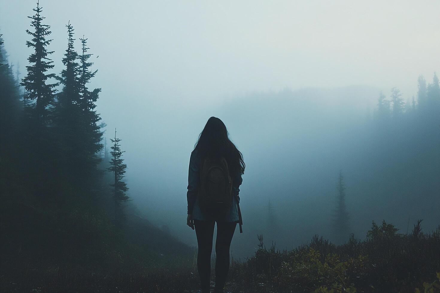 Silhouette of Woman in Forested Meadow with Foggy Blue Morning Sky and Tall Evergreen Trees photo
