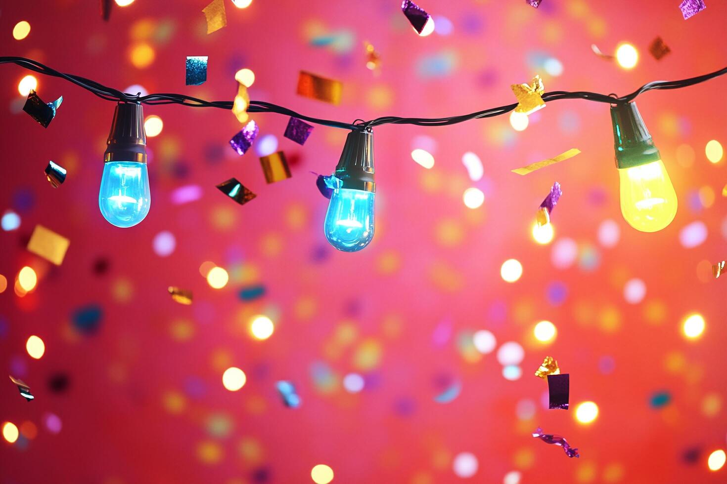 Vibrant String Lights with Blue and Yellow Bulbs Against Pink Background with Falling Confetti photo