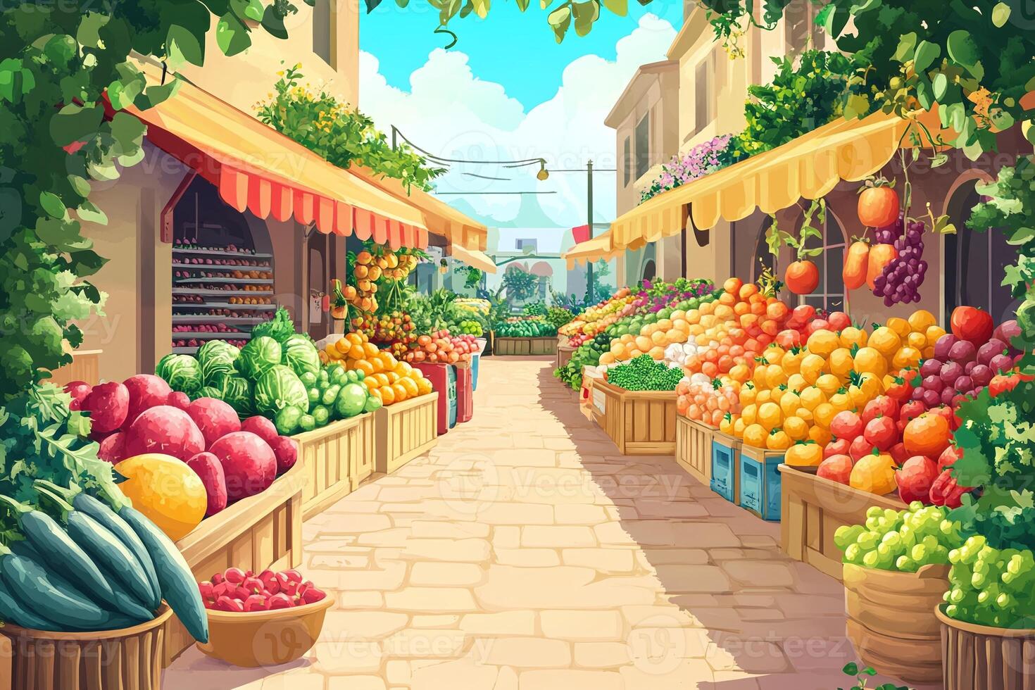 Vibrant Outdoor Farmers Market With Fresh Fruits And Vegetables In Rustic Village Setting On Sunny Day photo