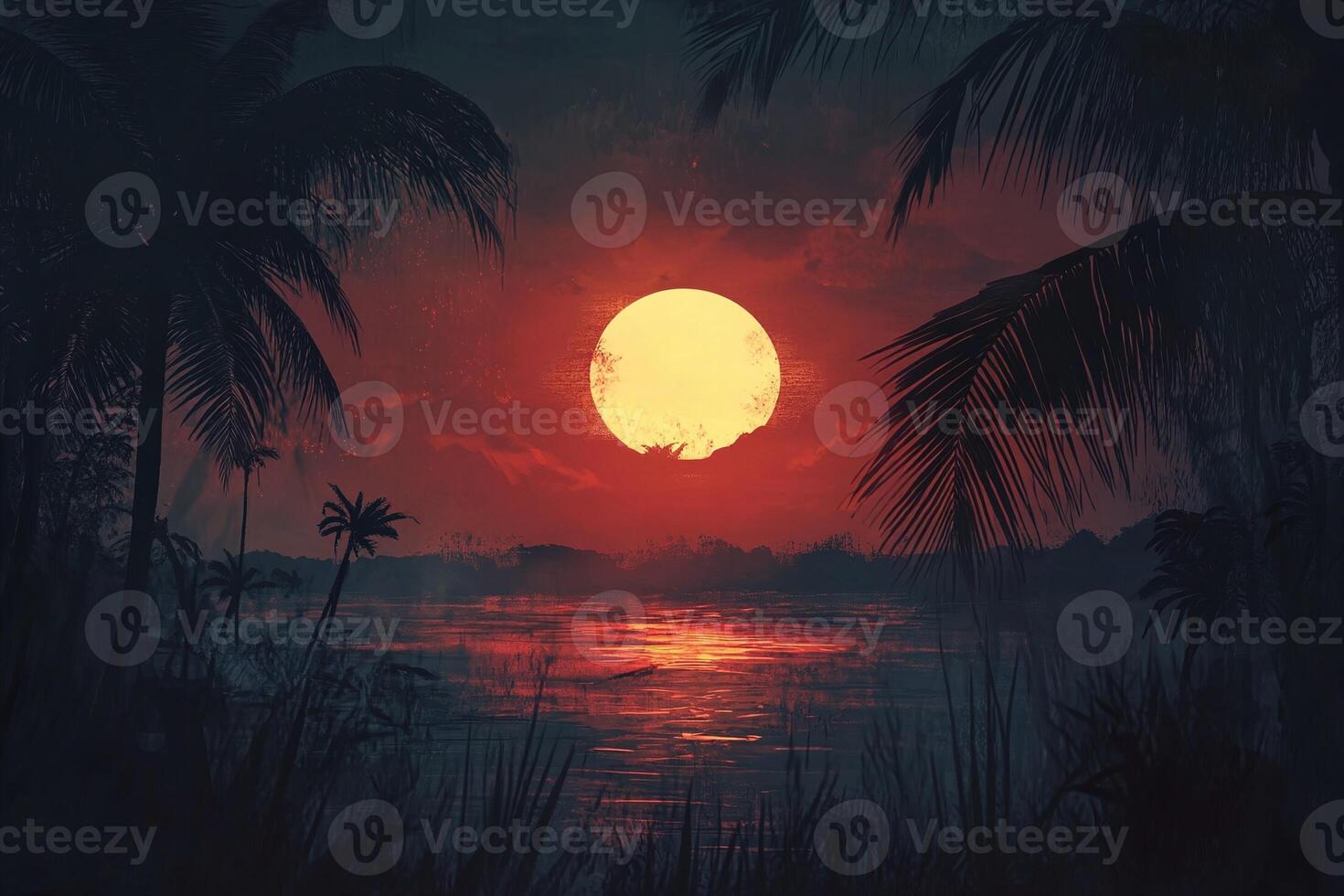 Tropical Sunset Over Calm River with Vibrant Orange Sky and Silhouetted Palm Trees in Serene Landscape photo