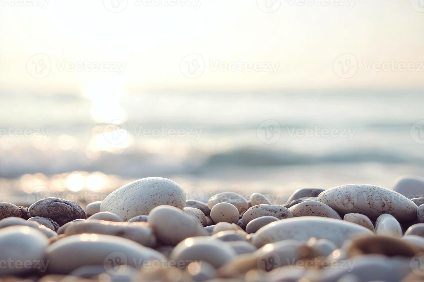 Smooth White Beach Pebbles Closeup on Sandy Shore with Gentle Waves and Bright Sun Reflection at Sea photo