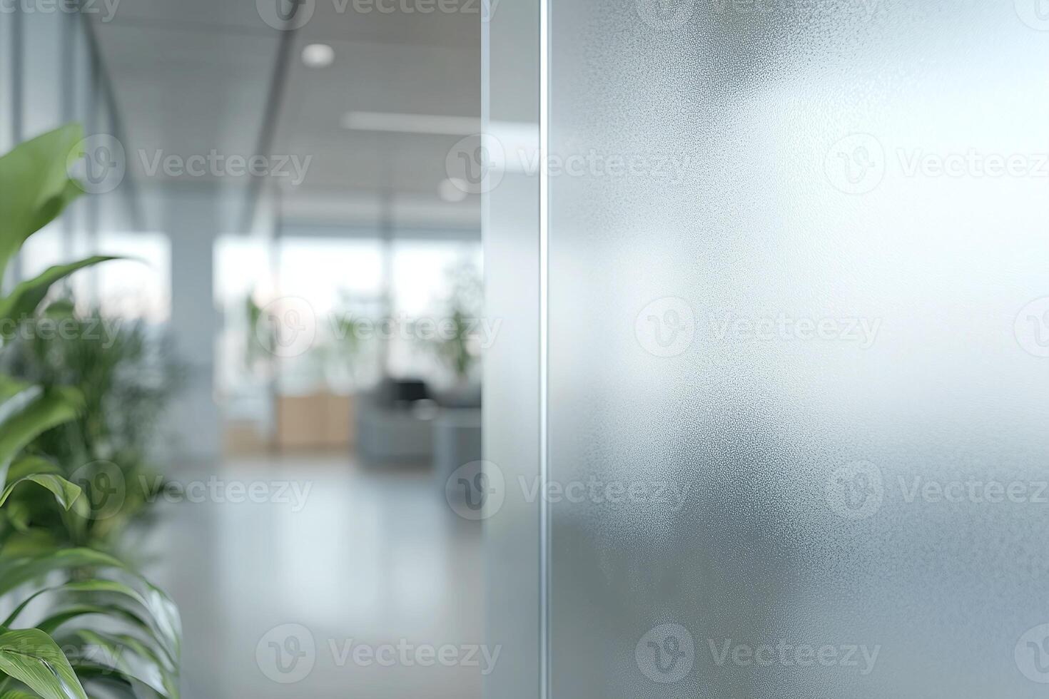 Frosted Glass Partition with Green Plants in Modern Office Interior with Natural Light and Blurred Background photo