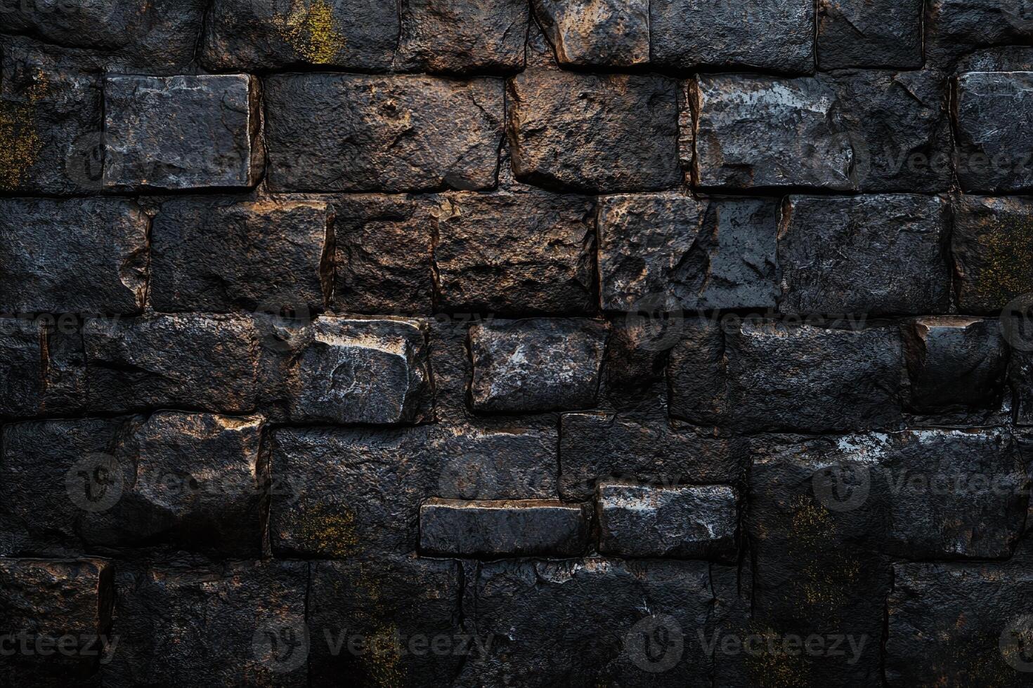 Aged Dark Stone Wall with Textured Rock Blocks and Subtle Moss in Natural Light for Rustic Backgrounds photo