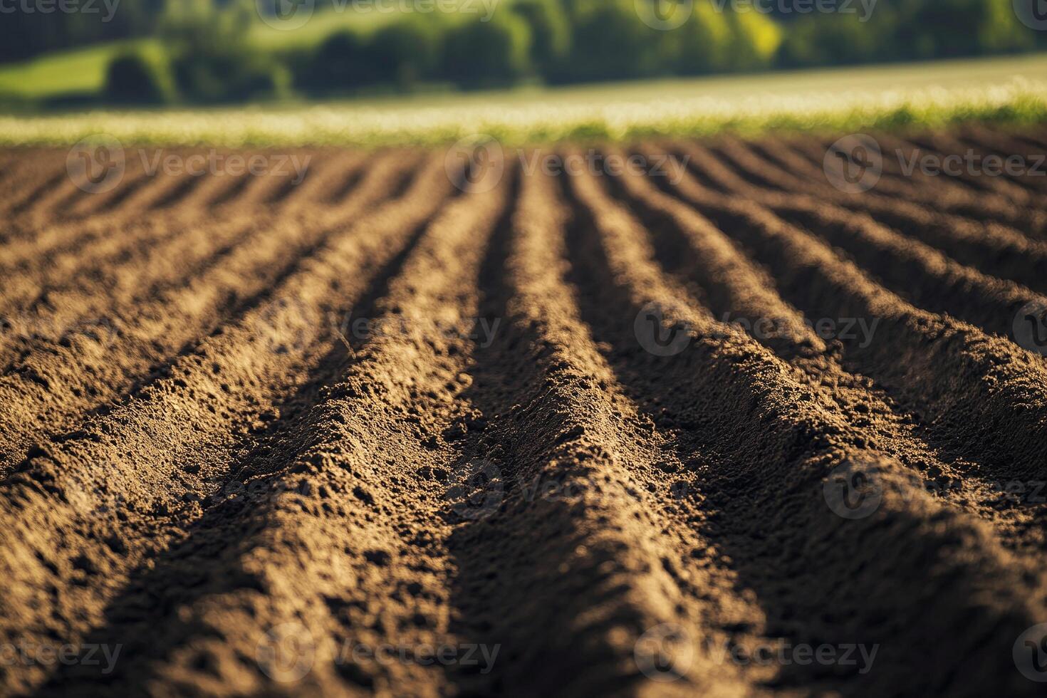 Freshly Plowed Agricultural Soil with Furrows in Rural Field Under Sunlight in Green Forest Landscape photo