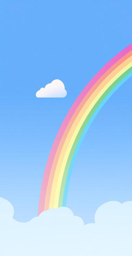 Vivid Multicolor Rainbow Arching Across Clear Blue Sky With Fluffy Clouds And Small White Cloud photo