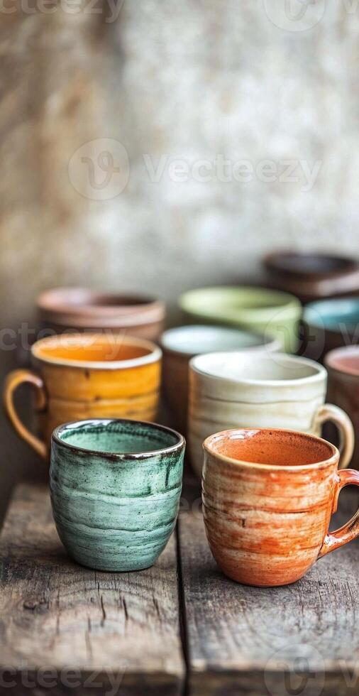 Rustic Ceramic Mugs in Earthy Tones on Wooden Table Background for Warm Beverage Concepts photo