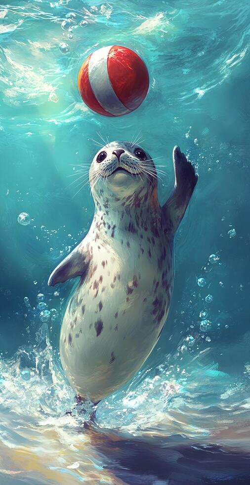 Playful Seal Balancing Red White Ball in Clear Ocean Water with Splashing Waves and Bubbles photo