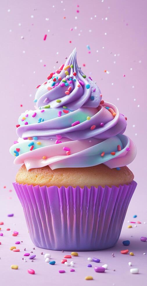 Vibrant Pastel Swirl Frosted Cupcake with Sprinkles on Light Pink Background for Celebration photo