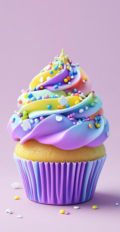 Vibrant Rainbow Frosted Cupcake With Sprinkles On Pastel Pink Background For Desserts And Celebrations photo