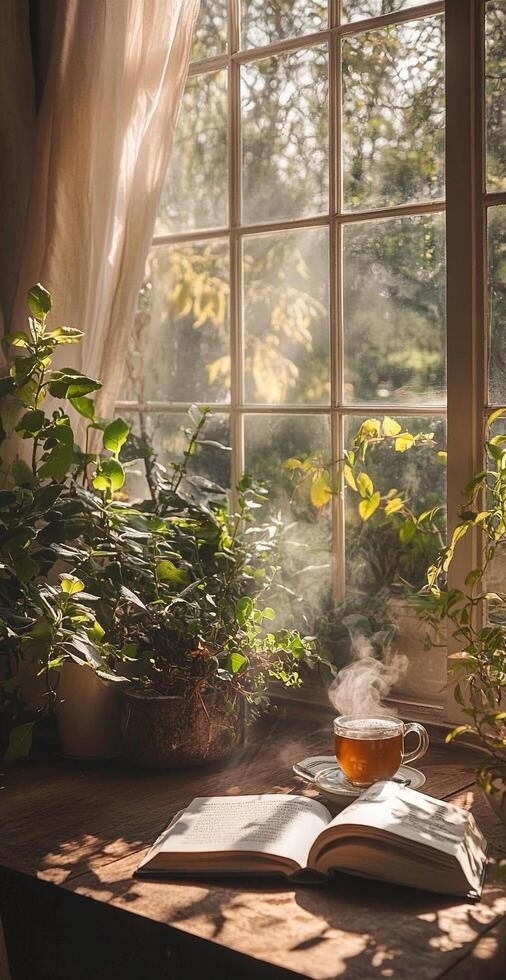 Cozy Sunlit Window with Steam Rising from Tea Cup Near Open Book and Indoor Plants on Wooden Table photo