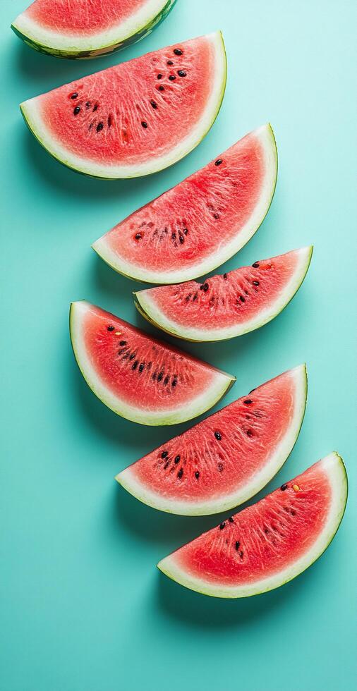 Fresh Sliced Watermelon Wedges Arranged Diagonally on Vibrant Aqua Background for Summer Concepts photo