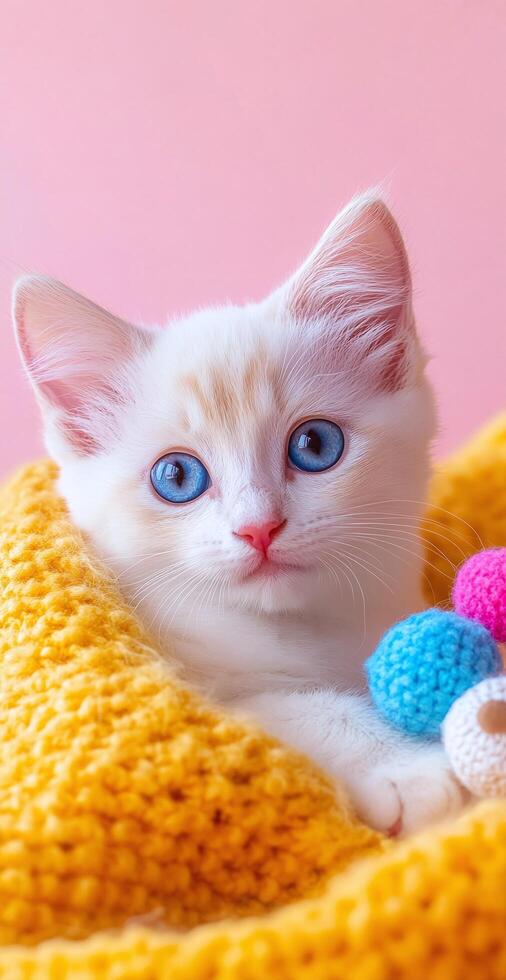 Adorable White Kitten With Blue Eyes Nestled in Yellow Knitted Blanket on Pink Background photo