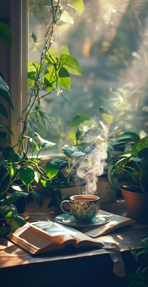Cozy Morning with Tea Cup and Open Book in Sunlit Home Garden Window Surrounded by Green Plants photo