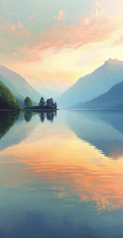 Serene Mountain Landscape with Calm Lake Reflecting Vibrant Sunset and Tree Covered Island photo