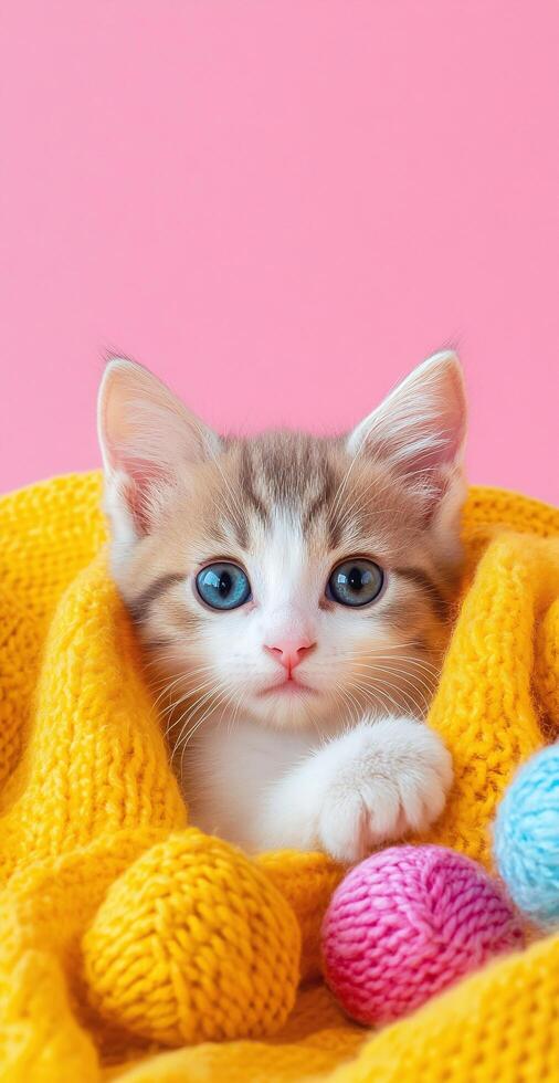 Adorable White And Brown Kitten Wrapped In Yellow Knit Blanket On Pink Background With Colorful Yarn Balls photo