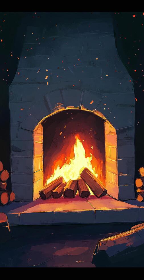 Cozy Rustic Fireplace with Burning Wood Logs Glowing in Orange Flame in Stone Setting photo