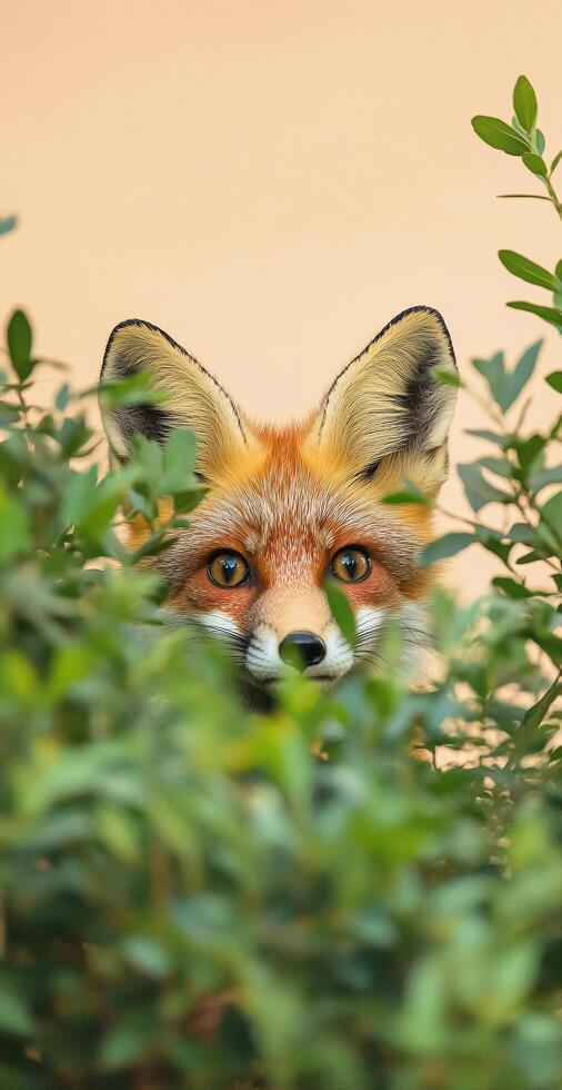 Red Fox Peeking Through Green Foliage Against Soft Beige Background in Natural Setting Wildlife Closeup photo