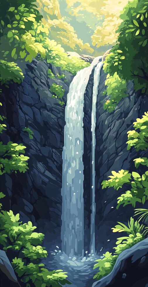 Scenic Waterfall Flowing Over Rocky Cliffs Surrounded By Lush Green Foliage In Sunlit Tropical Forest photo
