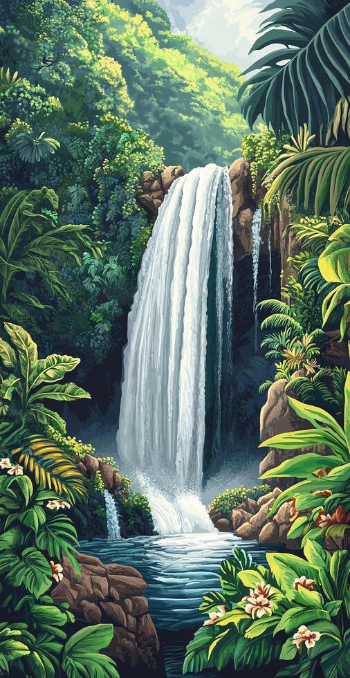 Tropical Waterfall Flowing Into Clear Pool Surrounded by Lush Green Jungle Plants and Rocky Landscape photo