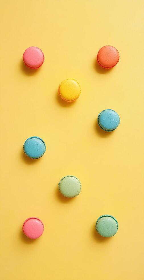 Bright Multicolored French Macarons Arranged on Vibrant Yellow Background for Sweets Lovers photo