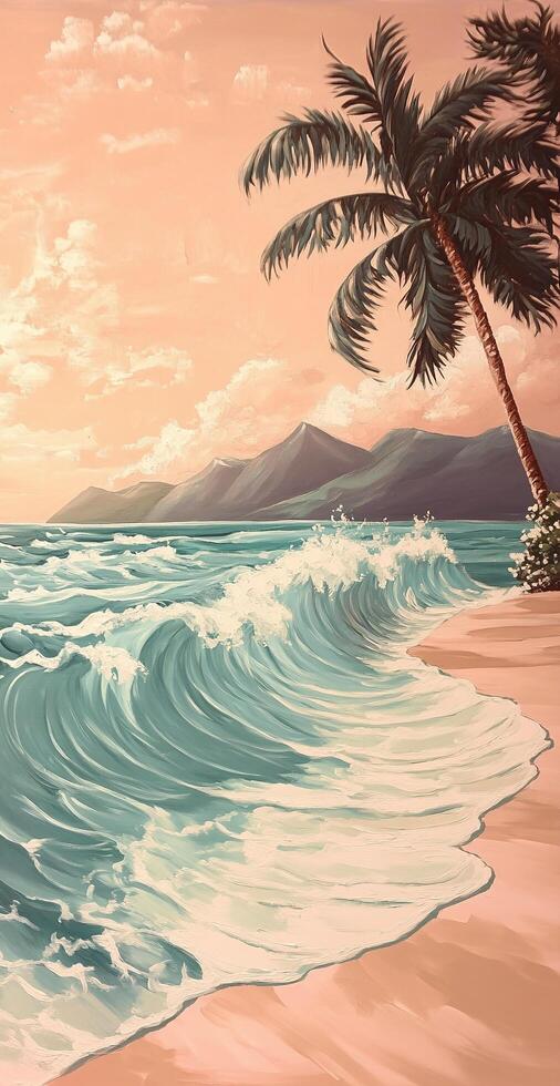 Tropical Beach Palm Tree Ocean Waves with Sunset Sky and Majestic Mountains in Background photo