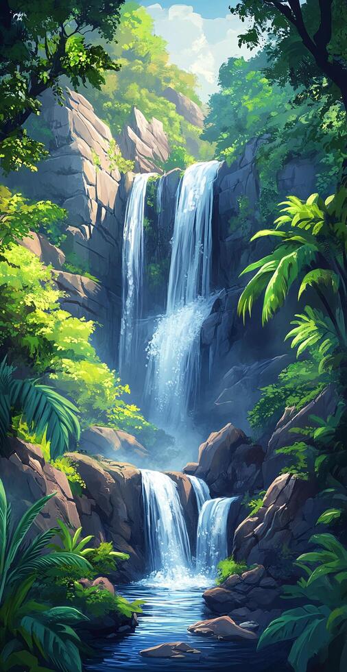 Tropical Waterfall Cascading Over Rocky Hills Surrounded By Greenery And Lush Forest photo