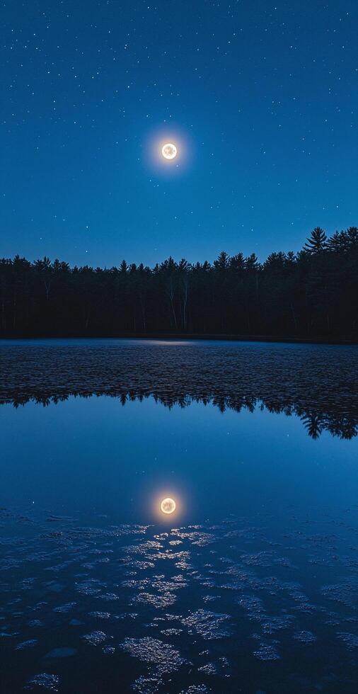Bright Full Moon Reflecting on Calm Forest Lake Under Starry Night Sky with Silhouetted Trees photo