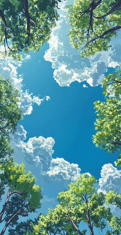 Vibrant Green Tree Canopy Under Bright Blue Sky With Fluffy White Clouds On A Sunny Day photo