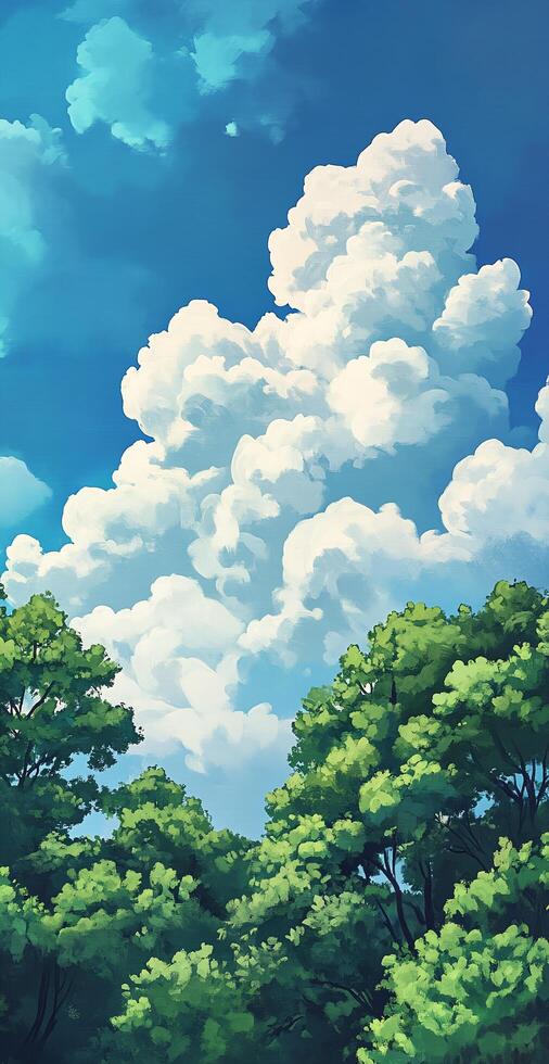 Lush Green Forest Canopy Against Bright Blue Sky With Towering White Fluffy Cumulus Clouds photo