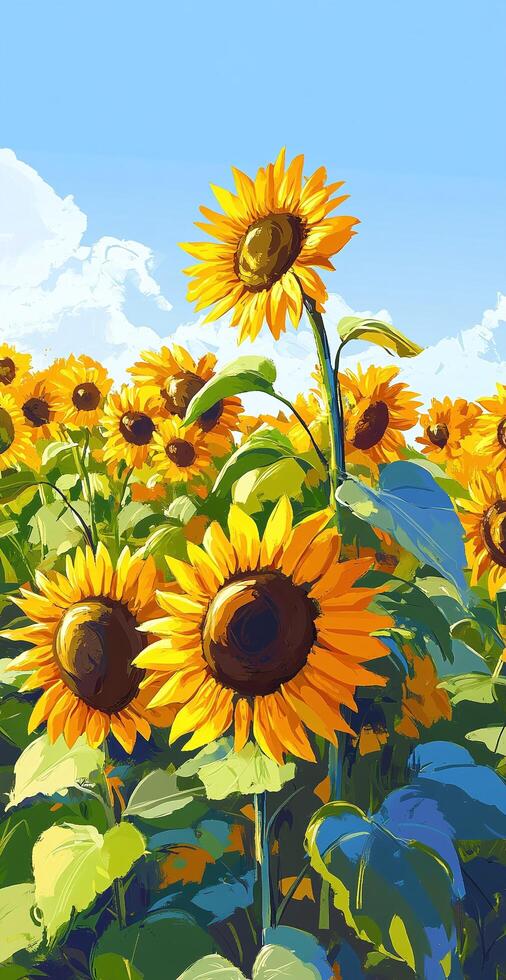 Bright Sunflowers in a Vibrant Field with Green Leaves and Blue Sky on a Sunny Day photo