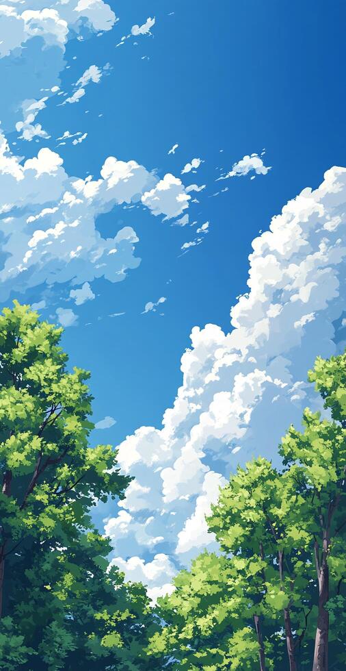 Bright Blue Sky with Fluffy White Clouds Above Green Tree Canopy on a Sunny Day in Nature Scene photo