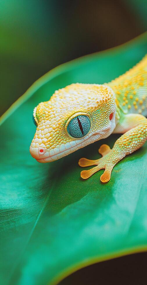 Closeup of Yellow and Green Gecko with Bright Blue Eyes Resting on Vibrant Green Leaf in Nature photo