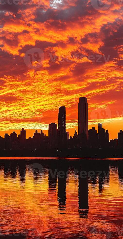 Dramatic Fiery Sunset Over City Skyline Reflecting On Calm River With Vibrant Clouds In Background photo