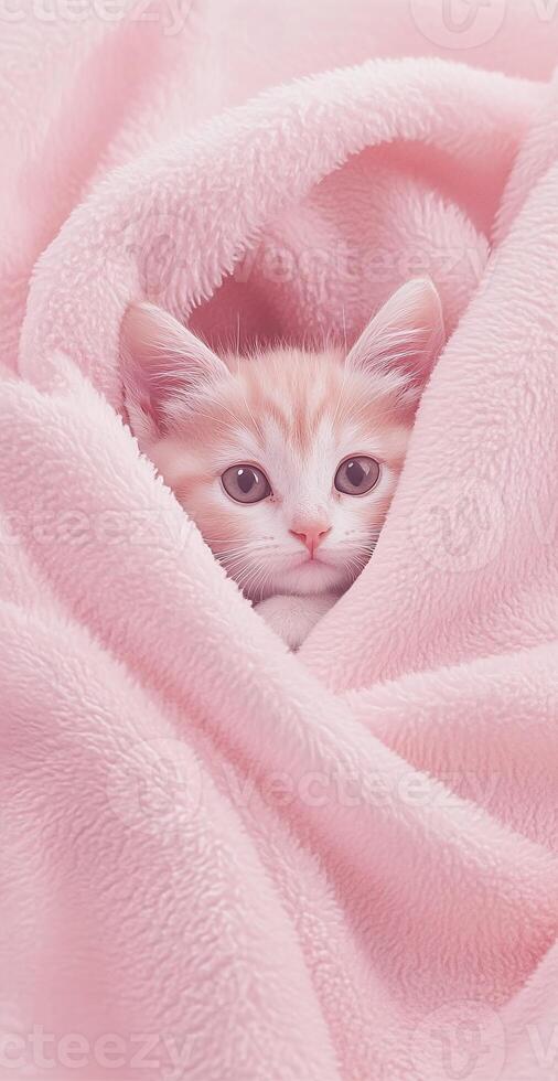 Adorable Orange And White Kitten Wrapped In Soft Pink Fluffy Blanket Cozy And Warm Background photo